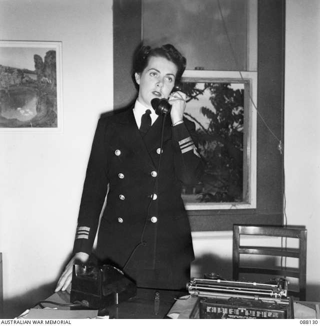 SYDNEY, NEW SOUTH WALES. 1945-04. FIRST OFFICER B. BOWDEN, WOMENS ROYAL AUSTRALIAN NAVY, AT NAVAL BASE HEADQUARTERS.