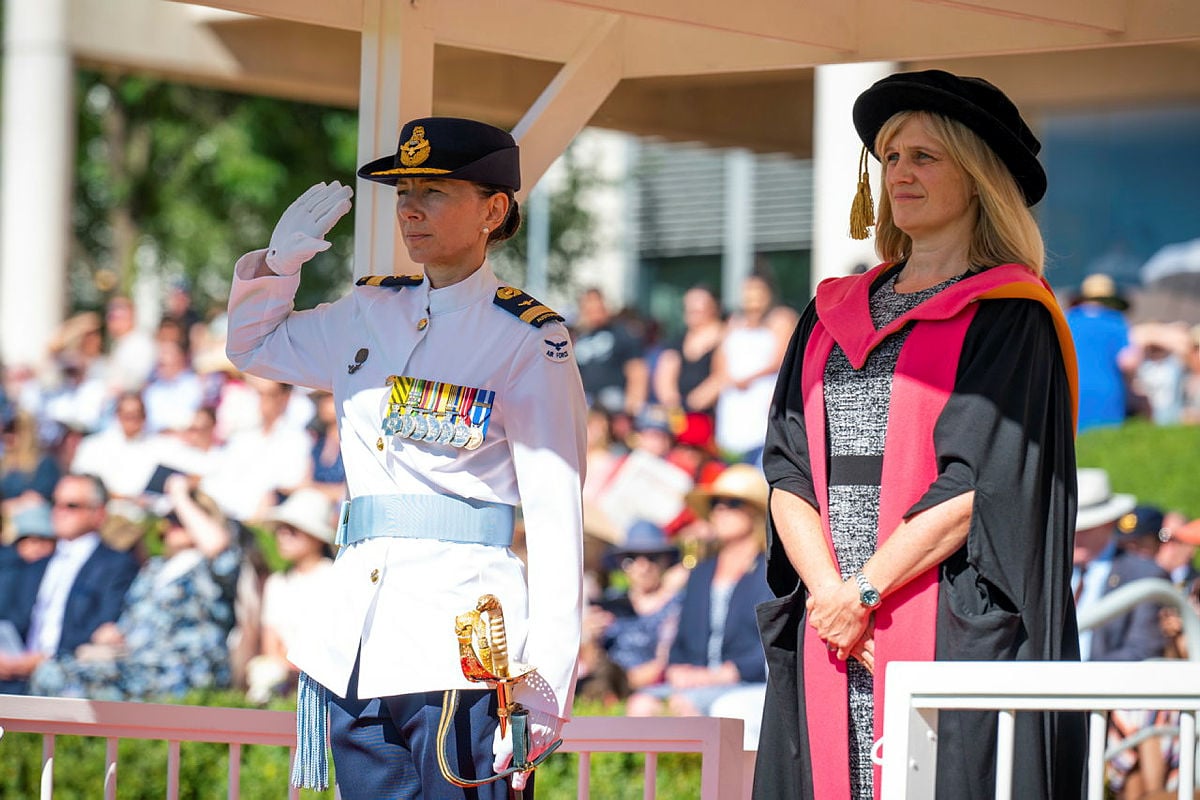 The Host Officer, Commandant of the Australian Defence Force Academy, Air Commodore Jules Adams, CSM, accompanied by the Rector UNSW Canberra Professor Emma Sparks, arrives and is received by the Parade