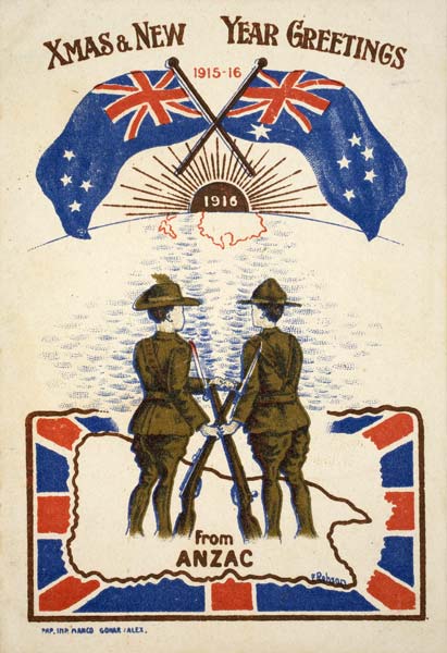  The mateship that developed between Australian and New Zealanders  serving in Gallipoli during 1915 is reflected in this Christmas card.