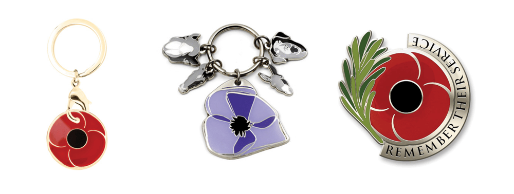 Poppy Trolley Token, Purple Poppy Key Ring & Remembrance Lapel Pin from Military Shop, Australia