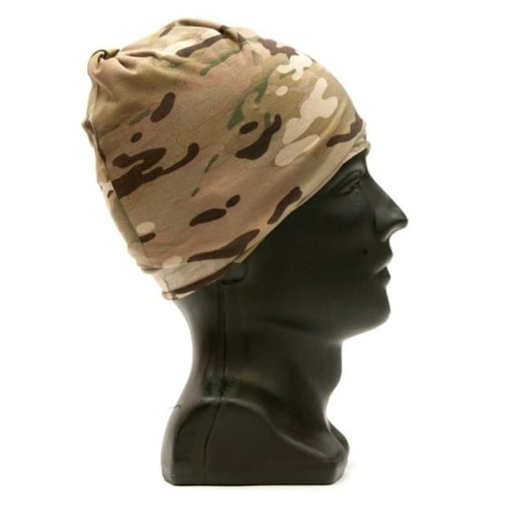 A camouflage bandana on a mannequin head
Description automatically generated