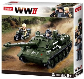 A box with a toy tank and a motorcycle