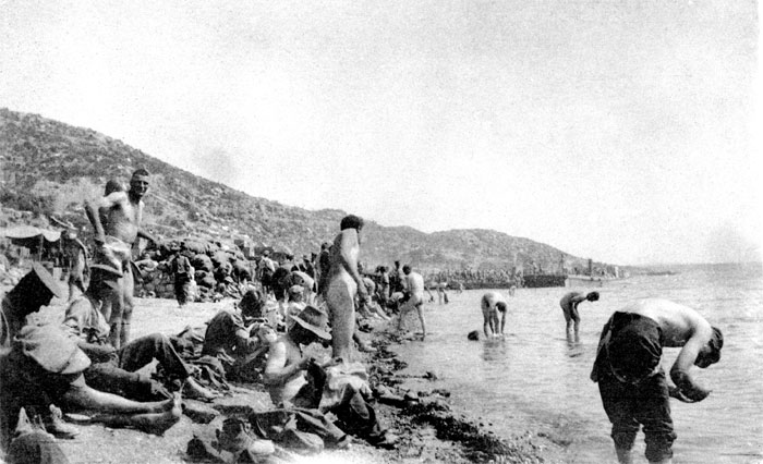 Image: Anzacs swimming and relaxing at Anzac Cove.