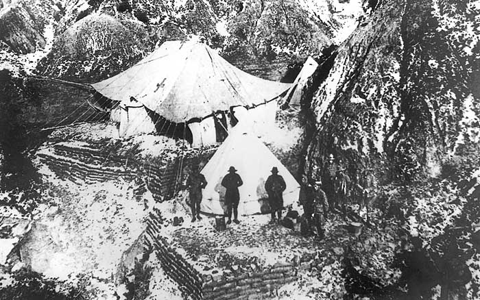 4th Australian Field Ambulance hospital tents under snow in Hotchkiss Gully after the blizzards of November 1915. Hotchkiss Gully lay between steep hills at the northern end of the Anzac position.