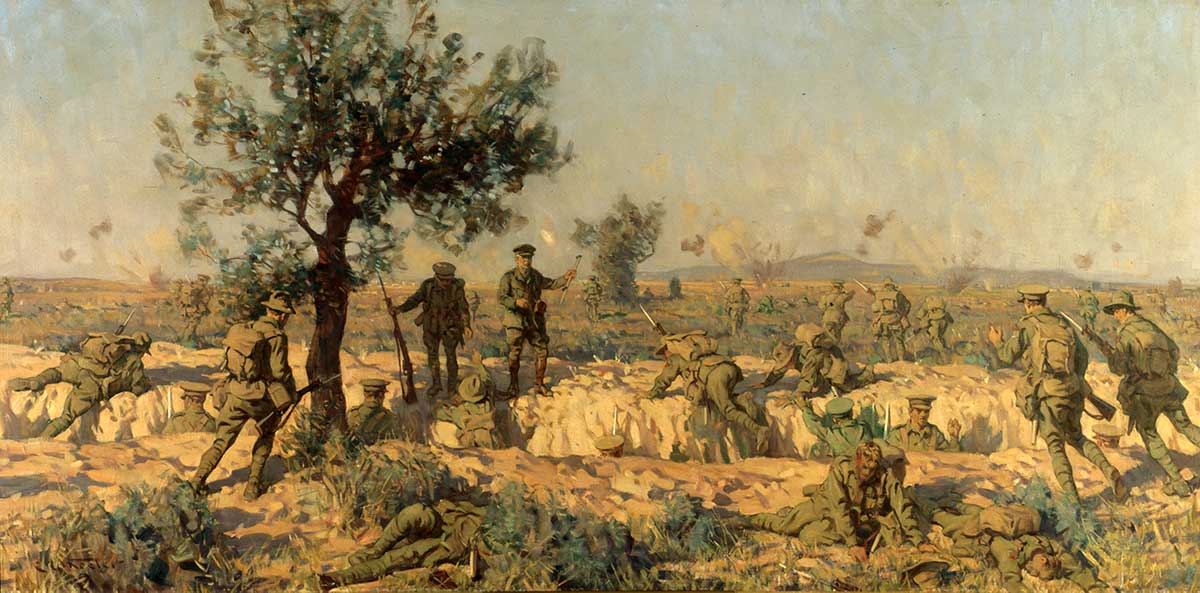 Image: Charge of the 2nd Infantry Brigade at Krithia by Charles Wheeler, 1927, oil on canvas.