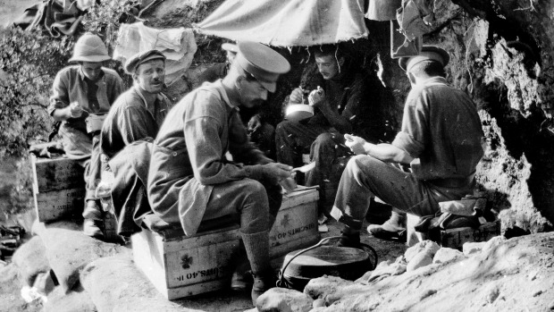 Image:  Soldiers from Otago, New Zealand take a lunch break at Gallipoli, in May, 1915.