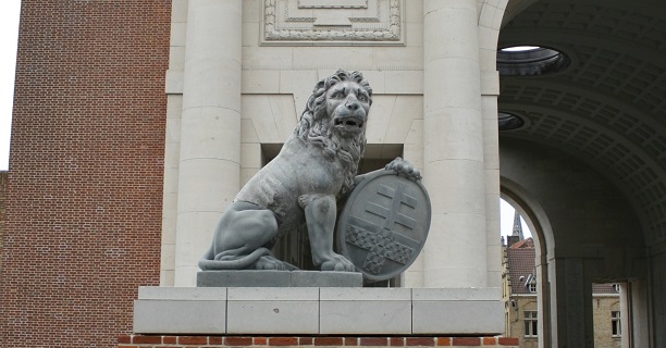 A stone lion stands guard.